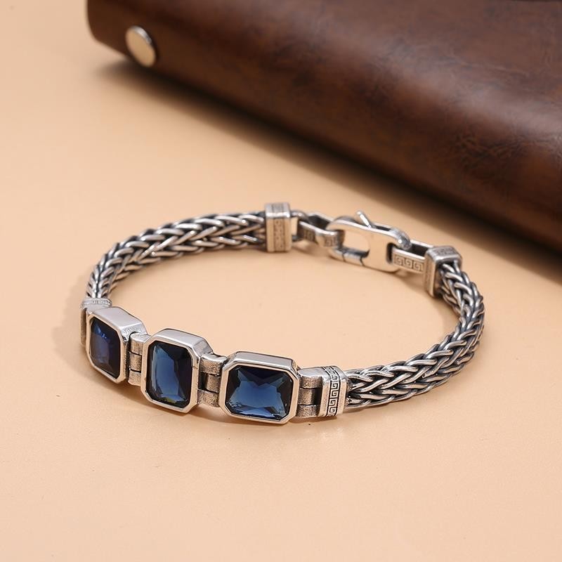 Vintage Braided Men's Bracelet 22cm Blue Gemstone Retro Cuff