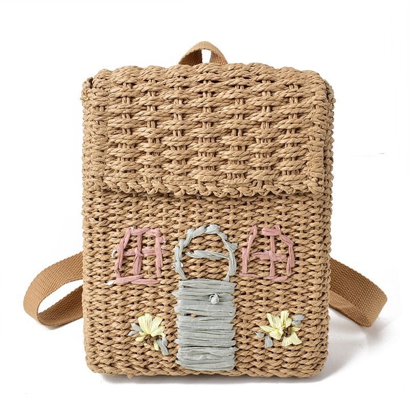 Straw Woven Bag Backpack 20-35L Hasp Polyester Brown Purse Retractable Traveling