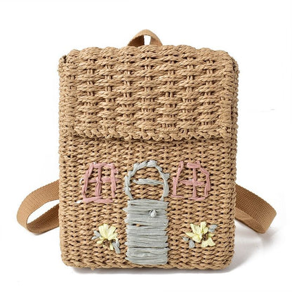 Straw Woven Bag Backpack 20-35L Hasp Polyester Brown Purse Retractable Traveling