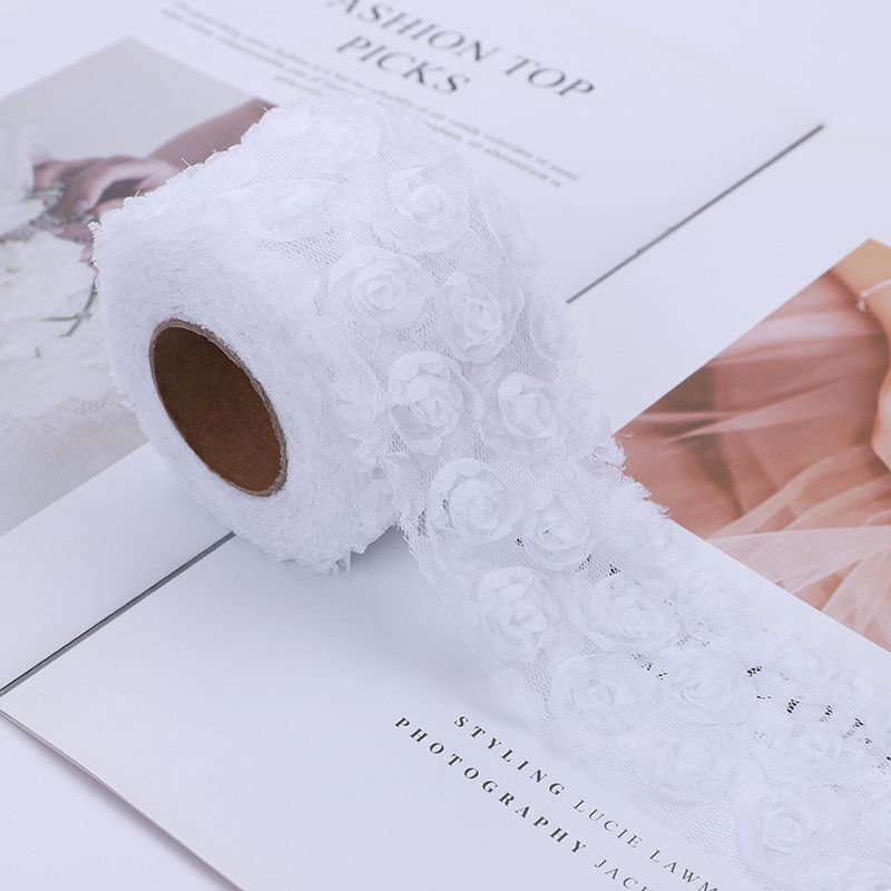 Party Decoration 5Yards DIY Rose Lace Fabric 3D Chiffon Flower Embroidered Decor