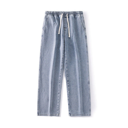 Mens Loose Wide Leg Denim Pants Drawstring Jeans Elastic Waist Baggy Trousers