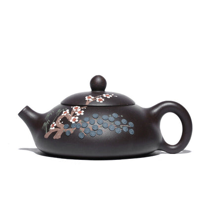 5.4" Yixing Zisha Pottery Black Gold Sand 180ML Pine Tree Plum Blossom Teapot
