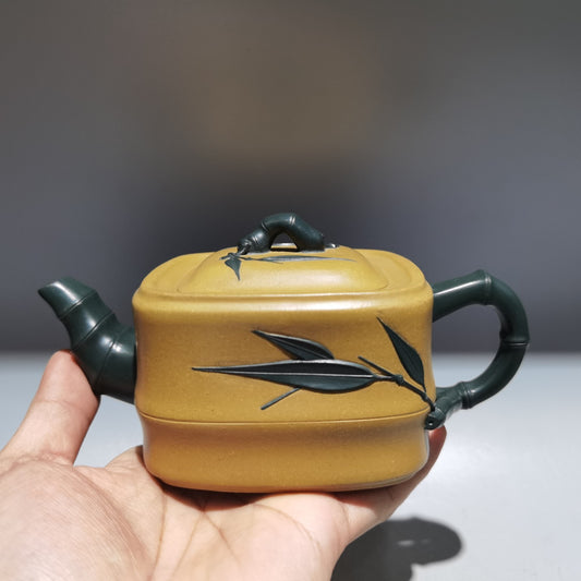 6.6"Yixing Zisha Pottery Yellow Duan Clay 360CC Hand Made Bamboo FourSidesTeapot