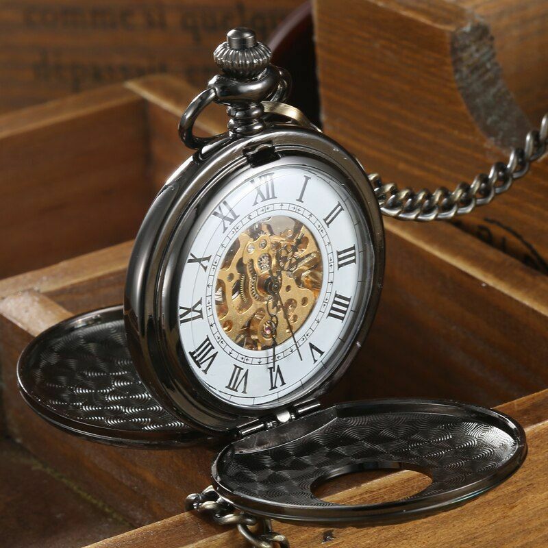 Retro Hand Wind Mechanical Pocket Watch With Fob Chains Men Hollow Skeleton Dial