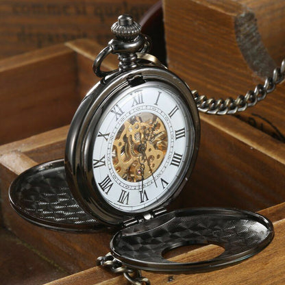 Retro Hand Wind Mechanical Pocket Watch With Fob Chains Men Hollow Skeleton Dial