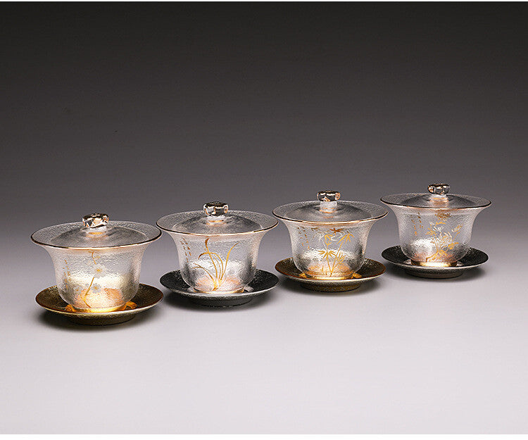 200ml Clear Gaiwan Glass Tureen Floral Relief Teacup Covered Bowl Cup Saucer Mat