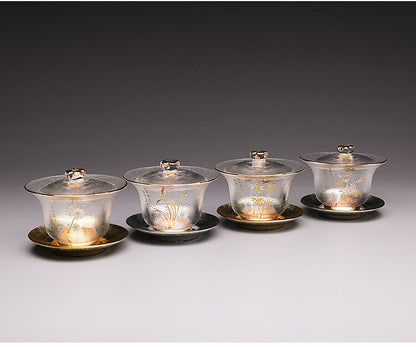 200ml Clear Gaiwan Glass Tureen Floral Relief Teacup Covered Bowl Cup Saucer Mat
