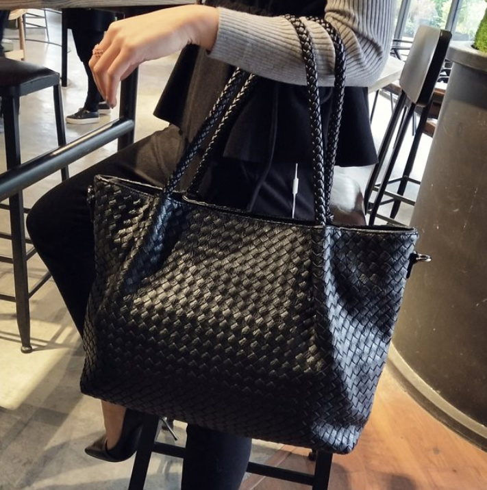 Luxury ladies leather woven tote bag fashion zipper multifunctional shoulder bag