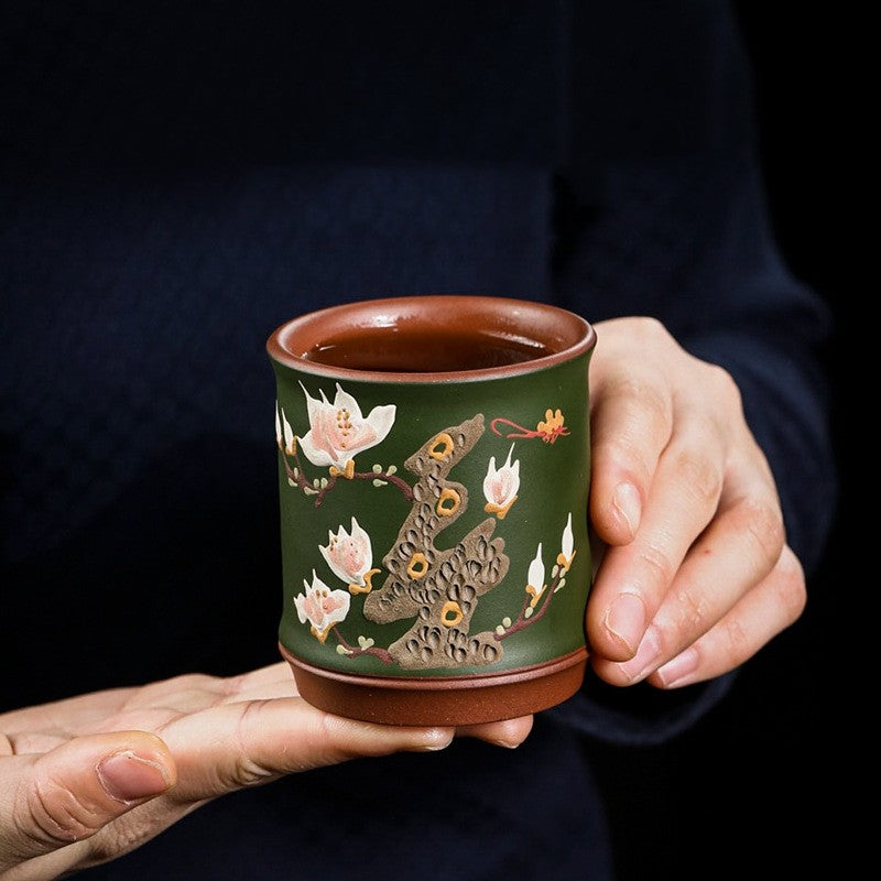 Handmade Tea Cup Real Yixing Zisha Green Clay Floral Relief Master Cup 170ml New