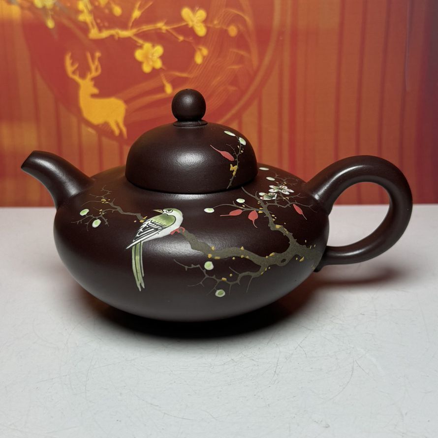 Chinese Yixing Purple Clay Teapot Zisha Ceramic Painted Fine Flower Bird Teaware
