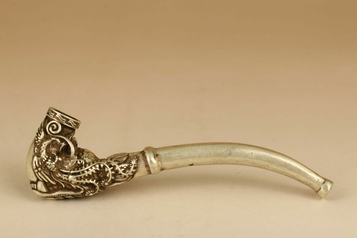 Rare Tibet Silver copper Smoking Tool Statue Old Sacred Opening Dragon Head pipe