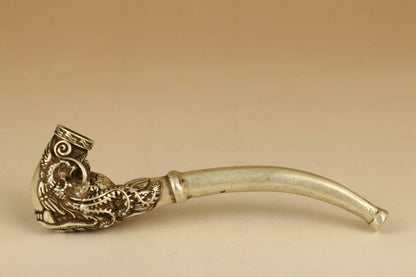 Rare Tibet Silver copper Smoking Tool Statue Old Sacred Opening Dragon Head pipe