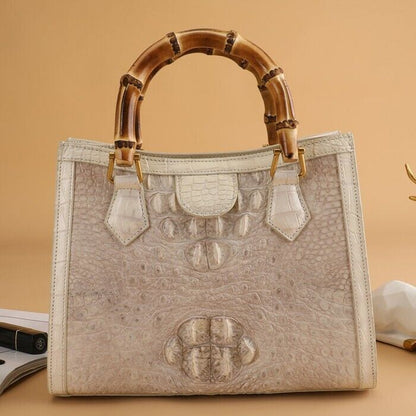 Handcrafted White CrocodileSkin Leather Handbag, Luxury Bamboo Bag for Women