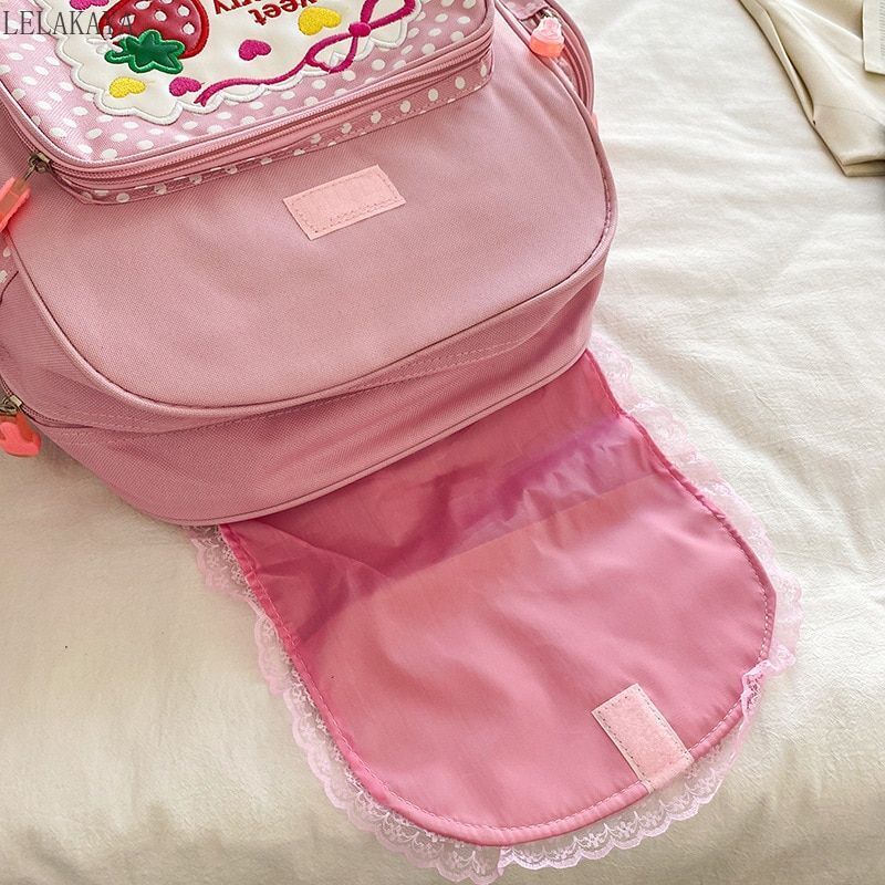 Backpack Embroidery Strawberry Pattern Lace Shoulder Bags Waterproof 30*37*13 CM