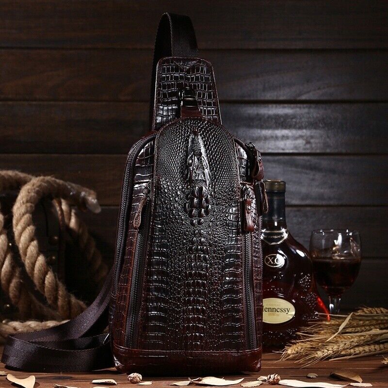 100% Genuine Leather Crocodile Pattern Crossbody Bag Sling Backpack for Hiking