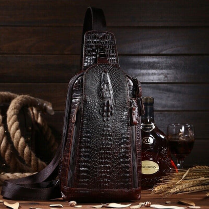 100% Genuine Leather Crocodile Pattern Crossbody Bag Sling Backpack for Hiking