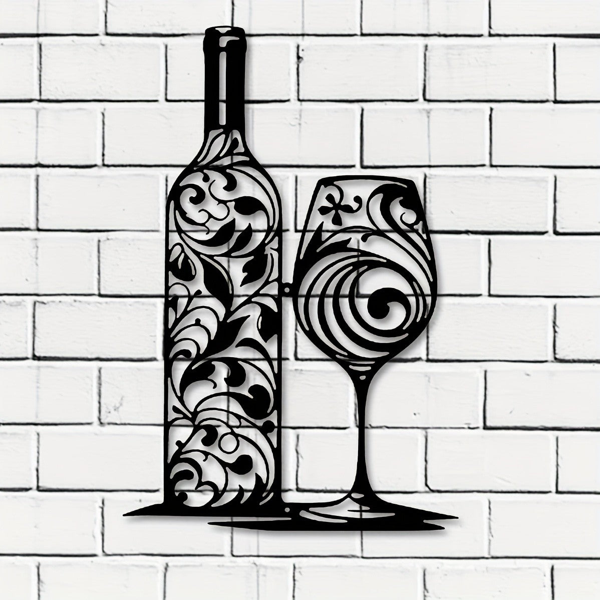 Metal Wine Bottle Wall Art Black Swirl Iron Sculpture Kitchen Home Decor