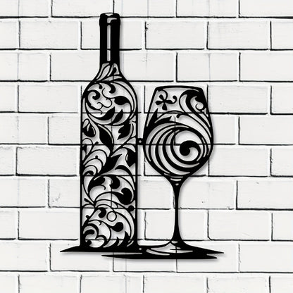 Metal Wine Bottle Wall Art Black Swirl Iron Sculpture Kitchen Home Decor