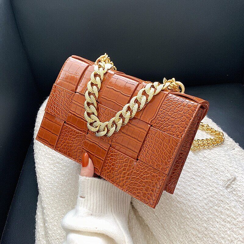 Pattern Pu Leather Bag Women Gold Chain Woven Square Bag Evening Party Clutch