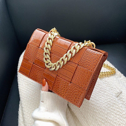 Pattern Pu Leather Bag Women Gold Chain Woven Square Bag Evening Party Clutch