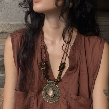 Bohemian Tiger Eye Necklace Women Oval Pendant Chip Bead Ethnic Jewelry