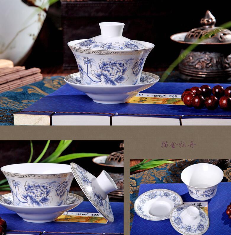 Chinese Tea Cup Gaiwan Tureen Porcelain Handpainted Flower Ceramic Tea Bowl Lid