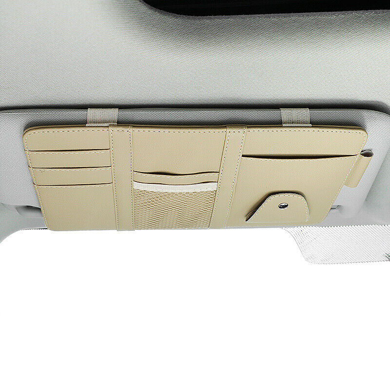 Car Sun Visor Storage Bag PU Leather Auto Glasses Ticket Folder Phone Organizer