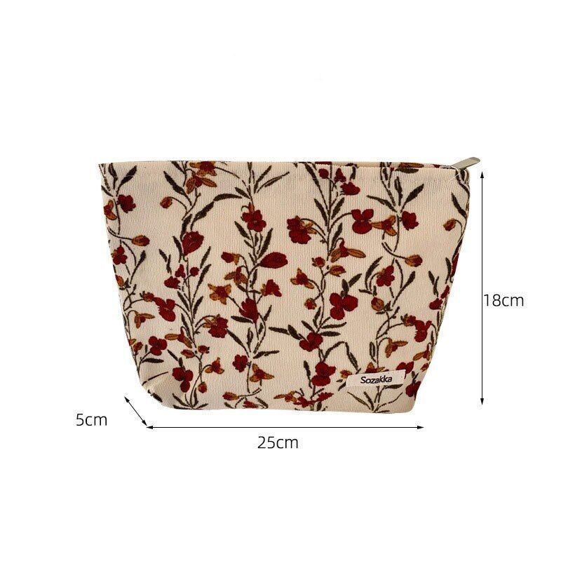 Fashion Corduroy Cosmetic Bag Retro Flower Print Travelling Beauty Storage Bags