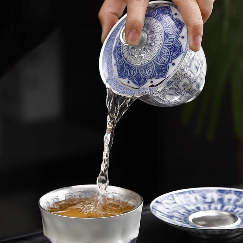 Ceramic + Pure Silver Tea Pot Gaiwan Master Cup Porcelain Buddha Tea Cup Tureen