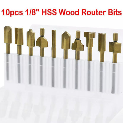 10Pcs 1/8" 3MM Titanium Hss Router Bits Trimmer Shank For Rotary Tool Portable
