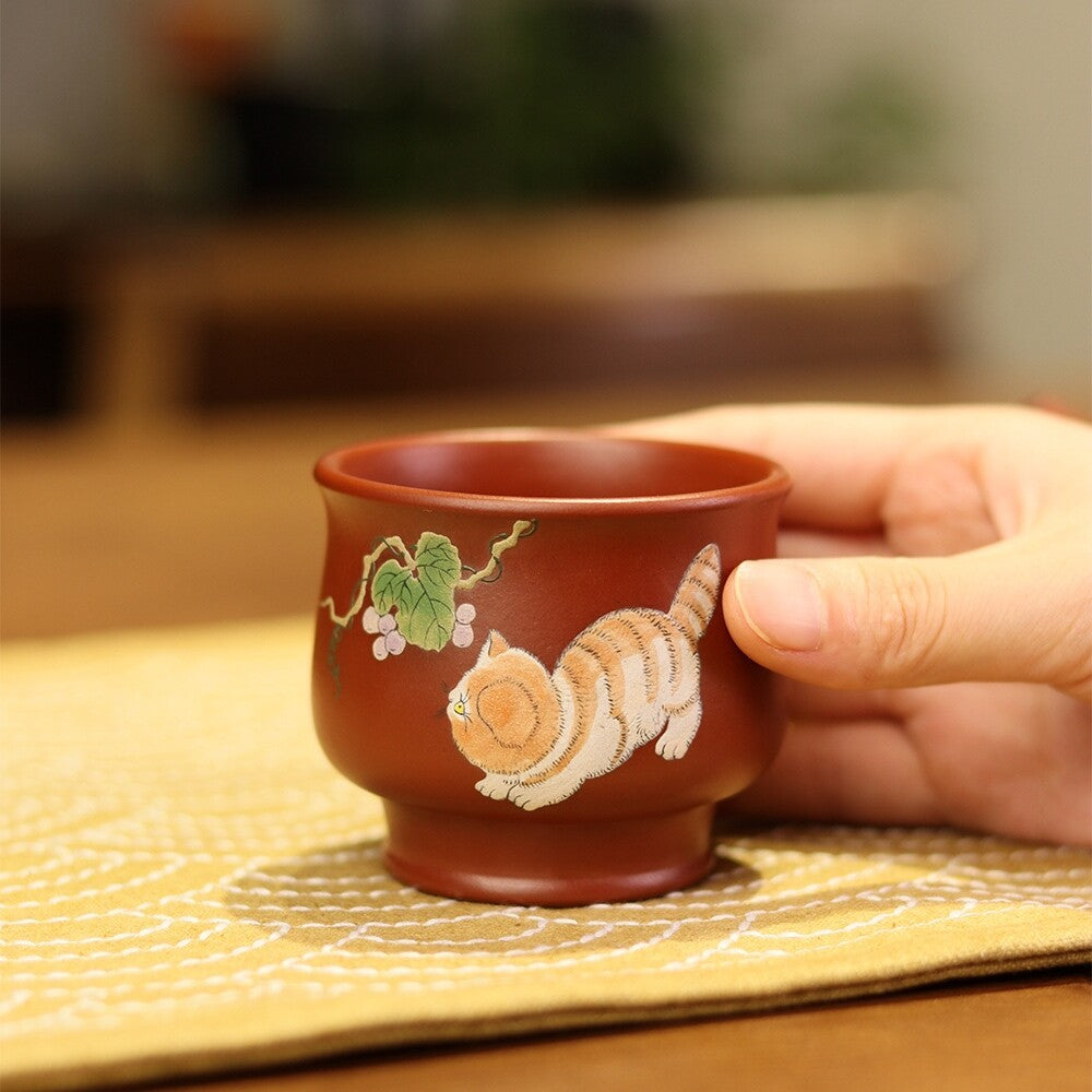 Traditional Craft True Yixing Zisha Dahongpao Clay Marked Tea Cup Cat Handpaint