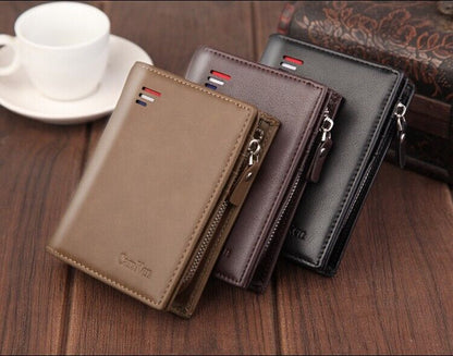 CarrKen Men's Leather Bifold Wallet Slim Business ID Card Pocket Holder Zipper