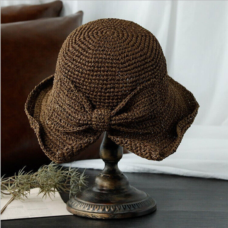 Women Vintage Fashion Folding Straw Bucket Hat Braid Summer Beach Sun Hat w/ Bow