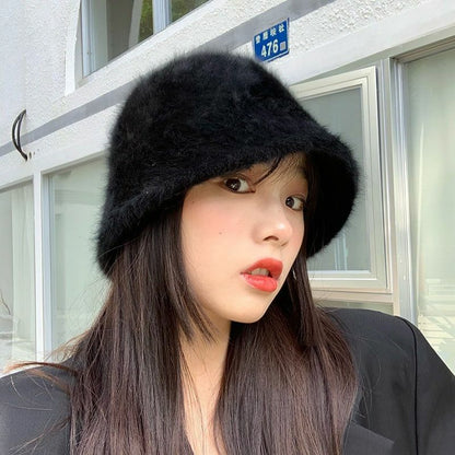 Hat Winter Women Solid Color Rabbit Fur Bucket Cap Fisherman Retro Knitted Wool