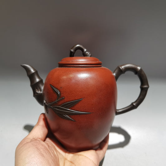 6.6" Chinese Yixing Zisha Pottery Red Clay 400CC Hand Made Bamboo Joint Teapot