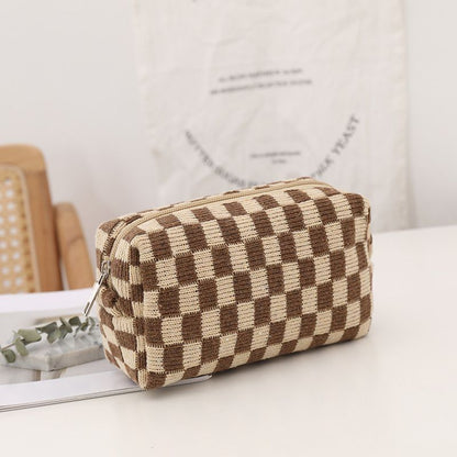 Checkerboard Knitted Cosmetic Bag Large Lattice Makeup Plaid Storage Organizer