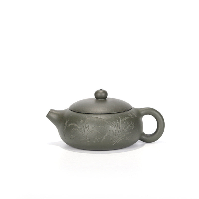 200ml Yixing Zisha Pottery Handmade Green Clay Tea Pot Orchids Mesh Teapot 扁西施