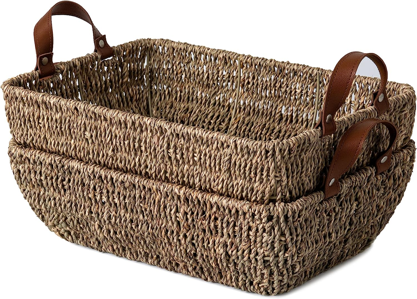 Handwoven Seagrass Wicker Storage Baskets Faux Leather Handles Home Decoration