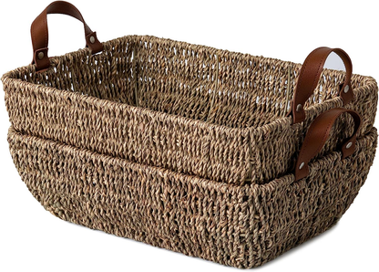 Handwoven Seagrass Wicker Storage Baskets Faux Leather Handles Home Decoration