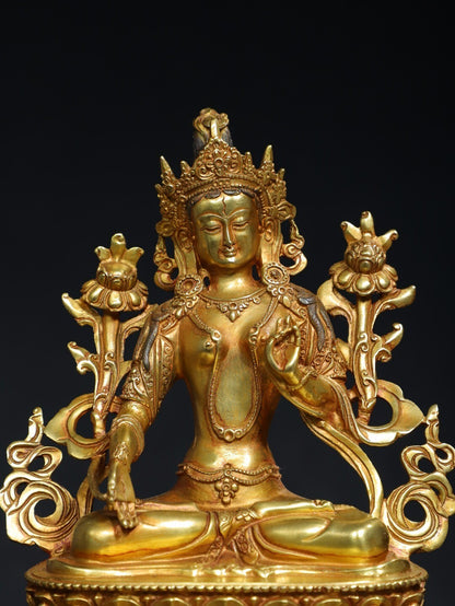10"Tibet Buddhism Temple Bronze Gilt Tara Kwan-Yin GuanYin Goddess Buddha Statue