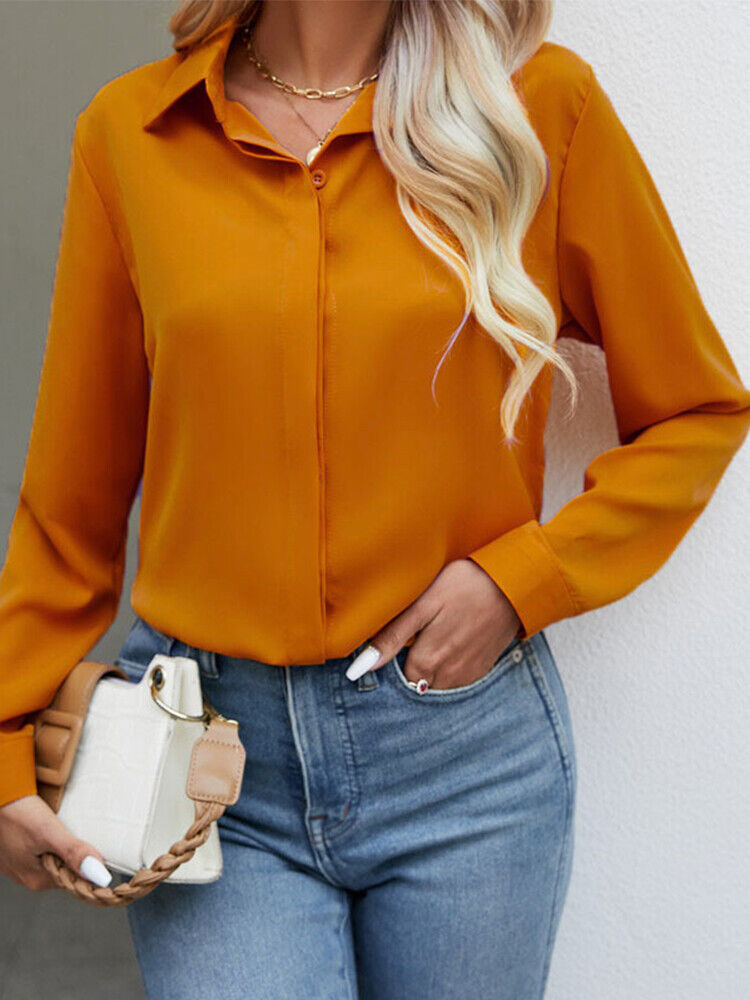 Chiffon Shirt Button-up Tops Blouse Long Sleeve Women T Shirts Casual Baggy