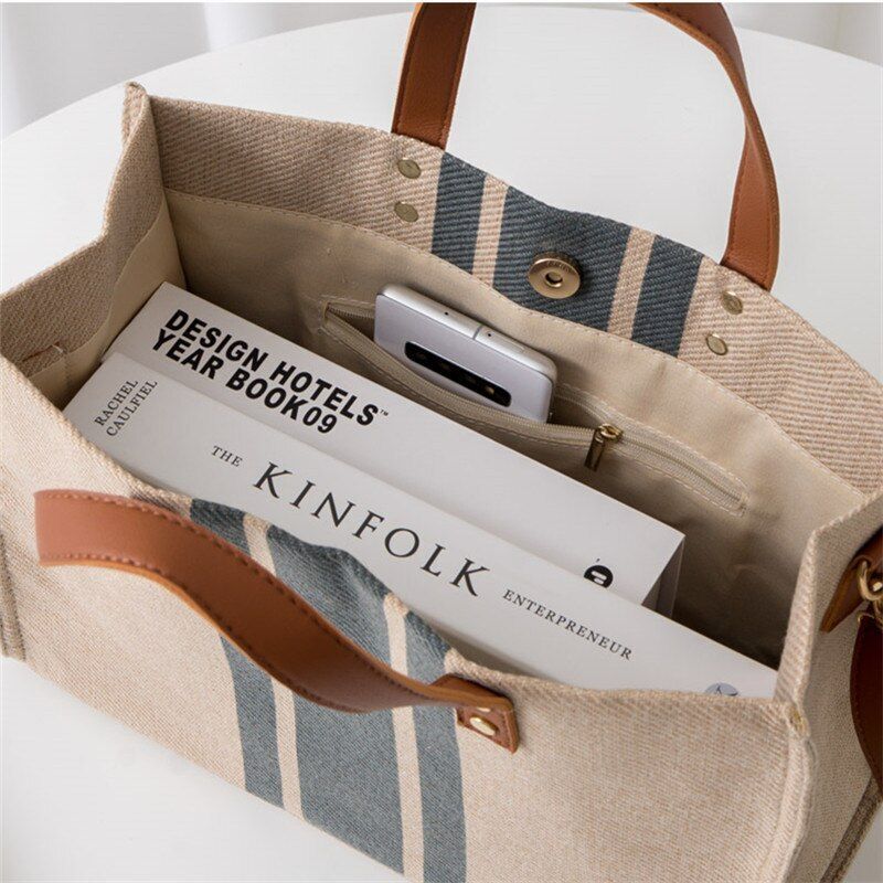 Fashion Large Canvas Handbag Vintage Striped Tote Bag Portable Briefcase Linen