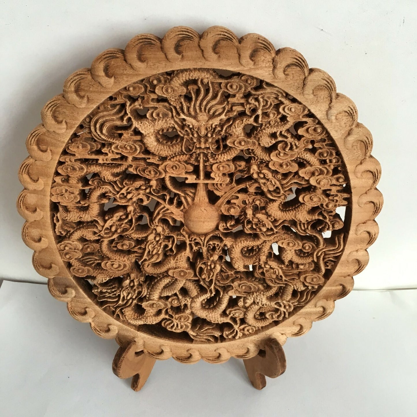 Hand Carved Camphor Wood Round Plate Wall Sculpture Dragon Statue