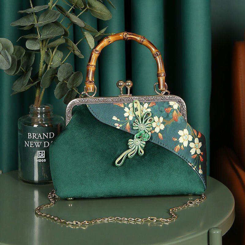 Wood Hand Lock Shell Bag Vintage Purse Chain Women Shoulder Purse Cloth Handbags