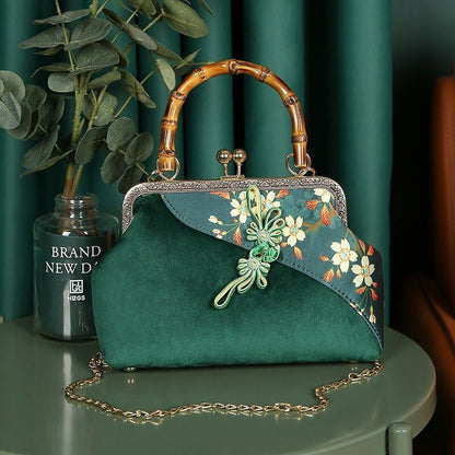 Wood Hand Lock Shell Bag Vintage Purse Chain Women Shoulder Purse Cloth Handbags