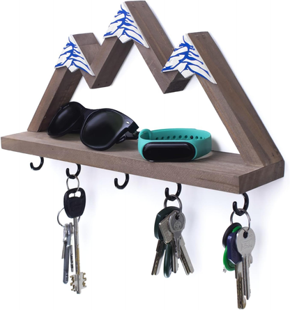 Wooden Wall Key Holder Organizer with Small Shelf Decorative Hooks Keychain