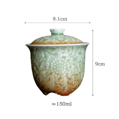 Retro Chinese Style Celadon Carved Flower Relief Ceramic Tea Tureen Gaiwan