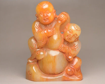 Chinese Natural Hetian Jade Carving Pair Children Statue Nice Figurines Artwork