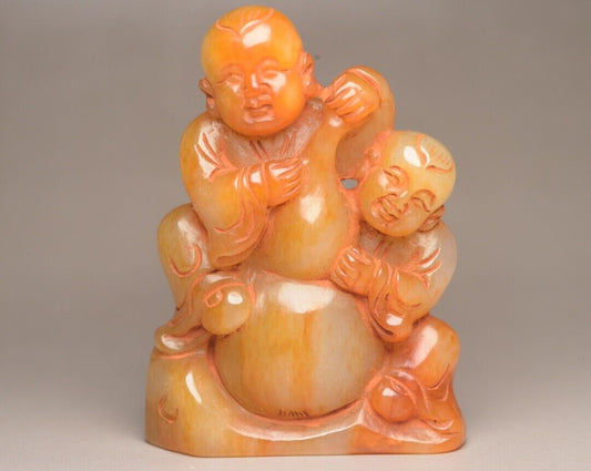 Chinese Natural Hetian Jade Carving Pair Children Statue Nice Figurines Artwork