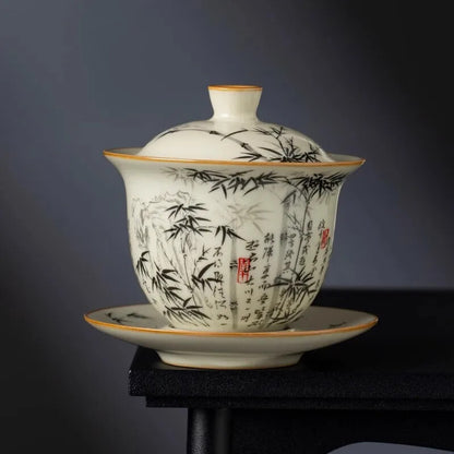 Chinese Ru Yao Porcelain Gaiwan Set Yellow Ceramic Opening Tea Bowls Chawan